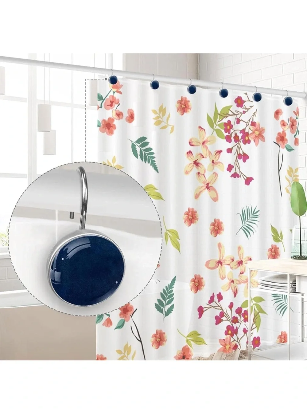Set of Blue Round Shower Curtain Hooks with Silver Rings